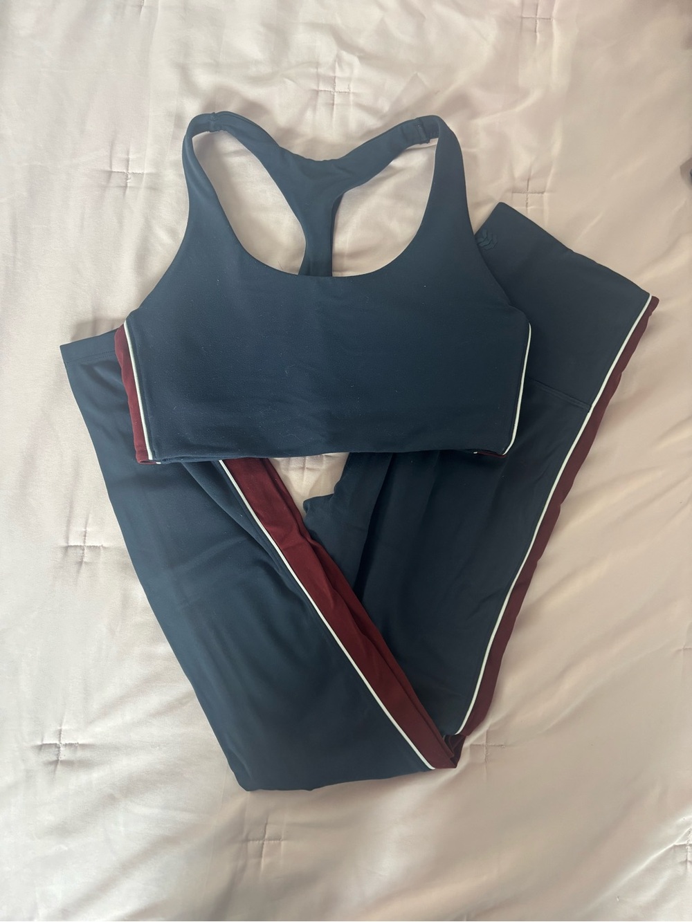 JoyLab Navy Sports Bra and Legging Set with Burgundy Trim